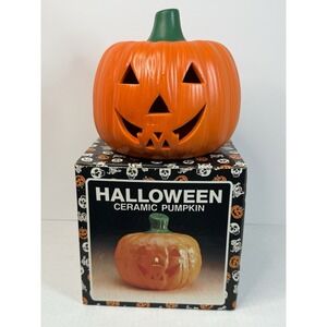 Halloween Ceramic Jack O Lantern‎ Pumpkin Votive Candle Holder Orange Vtg